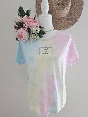 Mad For Love Pastel Tie Dye Graphic Tee Shirt M Pink Blue Yellow